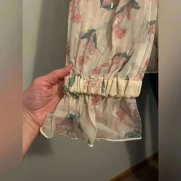 lined floral sheer blouse, sz S, cream, pink, green, Spring, Easter - Picture 7 of 11